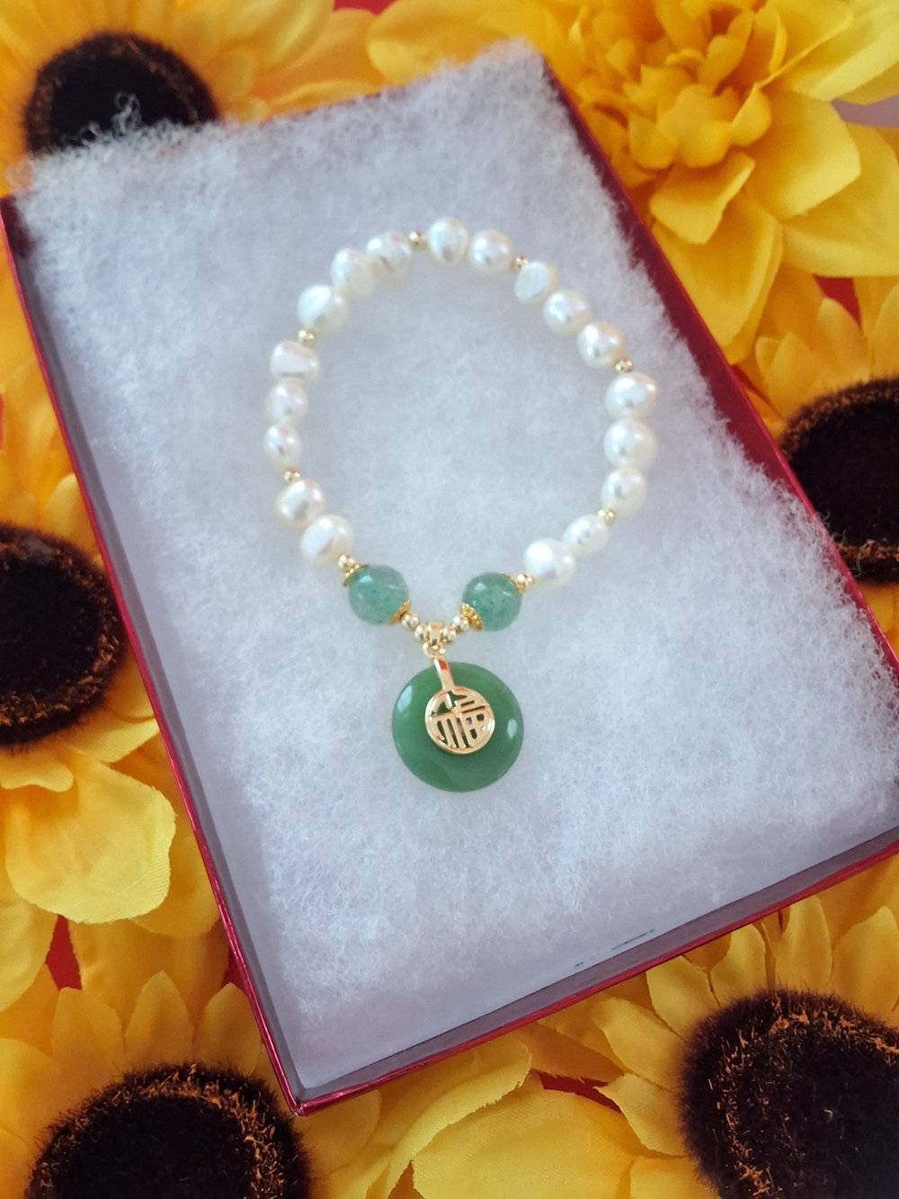 Green Jade and Freshwater Pearl Stretch Bracelet with Gold Charm